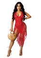 Red crochet V-neck beach cover-up with long fringe and breathable mesh texture - Red