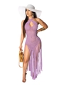 Chic purple crochet halter beach dress with long fringe hem and hollow out knit design - Purple