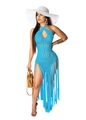 Bright blue crochet halter beach dress with knit cutouts and long fringe hem - Blue