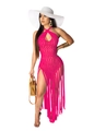 Rose red crochet hollow knit beach cover-up dress with long tassel hem and halter neck - Rose Red