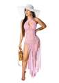 Pink hollow-out crochet beach dress with halter neck and long tassel detailing - Light Purple