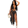 Conjunto de playa de tres piezas en ganchillo negro con top halter y flecos - S / Negro