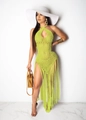 Lime green crochet beach dress with halter neck, hollow texture, and long tassel hem - Fruit Green