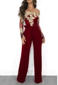 Women's off-shoulder wide-leg jumpsuit in dark red with golden lace floral accents - S / Wine Red with Gold Trim