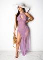 Détail d'une robe de plage en crochet violet avec franges et maille ajourée - Violet