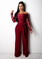 Elegant off-shoulder wine red lace jumpsuit with high waist bow and wide leg trousers - 3XL / Burgundy