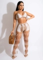 Detail of crochet hollow mesh beach set with khaki and white contrast stitching - S / Top And Bottom / Khaki