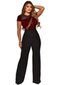 Detail van rode pailletten en zwarte mesh patchwork op dames jumpsuit met hoge taille - S / Bordeauxrood