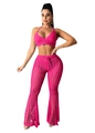 Detail of rose pink crochet two-piece set featuring hollow-out knit and flared beach pants - S / Rose Red