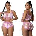 Conjunto de ganchillo rosa para mujer con margaritas 3D que incluye top corto y pantalones cortos - S / Top Y Pantalón / Rosa