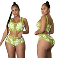 Conjunto de ganchillo verde para mujer con flores de margarita y top tipo halter - S / Top Y Pantalón / Verde