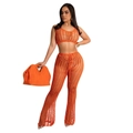 Helder oranje tweedelige gehaakte set met mouwloze crop top en holle gebreide broek - S / Oranje