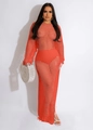 Detailed close-up of bright red crochet hollow-out knit dress with intricate net texture - Orange
