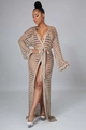 Detail of bohemian khaki crochet beach cover-up featuring hollow-out knit and waist tie - S / Khaki