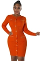 Detail of orange knitted dress featuring vertical ribs, gold buttons, and chain pockets - S / Orange
