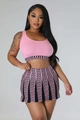Detail of pink ribbed knit crop top and Greek Key pattern on the matching mini skirt set - S / Pink