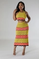 Detail of crochet knit texture on mustard yellow crop top and high waist midi skirt set - S / Yellow