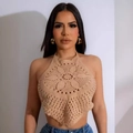 Top a fascia bohémien all'uncinetto beige con motivo mandala e orlo a forma di diamante - Taglia unica / Cachi