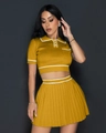 Detail of ginger yellow knitted polo crop top and pleated skirt with white contrast trim - S / Top And Bottom / Turmeric