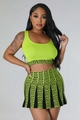 Close-up of vibrant green ribbed knit crop top and Greek Key print mini skirt set - S / Green