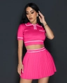 Close-up of fuchsia pleated knit skirt and matching polo top with white trim details - S / Top And Bottom / Rose Red