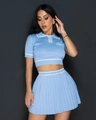 Detail of light blue knitted two-piece set featuring short sleeve polo top and pleated skirt - S / Top And Bottom / Light Blue