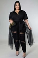 Detail view of plus size black mesh overlay dress and shirt collar with belt accessory - XL / Top And Bottom / Black
