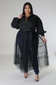 Detail of plus size dress featuring mesh tiered skirt and puff sleeves with tie-waist - XL / Top And Bottom / Black