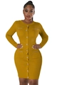 Slim fit ginger yellow ribbed knit dress with gold buttons and chain pockets - S / Turmeric