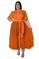 Detail of plus size orange chiffon dress featuring a mesh hem and adjustable waist tie - Orange Red