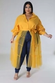 Detail of yellow plus size tunic with puff sleeves and sheer mesh hemline - XL / Top And Bottom / Yellow