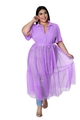Detail of lavender plus-size shirt dress with sheer mesh paneling and a matching belt - Lavender