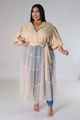 Close-up of beige plus size dress featuring mesh splicing, puff sleeves, and waist tie - XL / Top And Bottom / Khaki