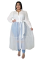 Detail of plus size white chiffon top with mesh hem and adjustable waist tie - White Long Sleeve