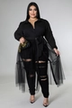 Detail of plus size women's black chiffon mesh layered top with gold chain handbag - Black Long Sleeve