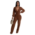 Detail of V-neck long sleeve jumpsuit in brown textured knit with waist slimming design - S / Brown