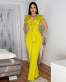 Detailed lime green jumpsuit with delicate floral lace v-neckline and elegant wide leg fit - S / Lemon Yellow