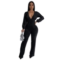 Close-up of V-neck corset waist long sleeve jumpsuit in dark grey acid wash fabric - S / Dark Gray