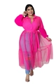 Detail of rose pink plus size chiffon shirt with ruffled mesh hem and matching belt - Rose Red Long Sleeve