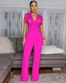 Detailed close-up of fuchsia lace butterfly sleeves and V-neckline on a stylish jumpsuit - S / Rose Red