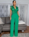 Detail of the V-neck lace embroidery and high waist design on the green jumpsuit - S / Green