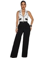 Close-up of white tweed sleeveless jumpsuit with black trim and elegant gold buttons - S / Black and White Patchwork