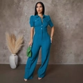 Short sleeve dark teal jumpsuits for women with lapel collar and waist detail - Lake Blue