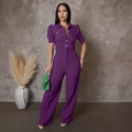 Detail of purple short-sleeve jumpsuit with lapel collar and wide-leg trousers design - Purple