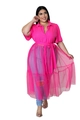 Plus size bright pink lapel shirt with mesh skirt overlay and waist tie design - XL / Top And Bottom / Rose Red