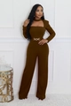 Detail of elegant dark brown jumpsuit with choker neck and gold waist chain ornament - Coffee