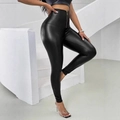 Detail of high waisted black faux leather leggings with front metal zipper closure - S / Black