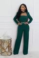 Detail of elegant dark green wide leg jumpsuit with choker neck and gold chain belt - S / Dark Green