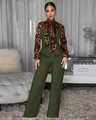 Detail view of leopard print shirt with bow tie neckline and high waist trousers - S / Army Green