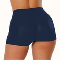 Rear view of navy blue high-waisted lifting yoga shorts showing elastic fabric and fit - Navy Blue